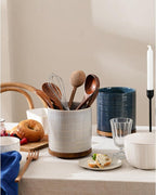 Utensil Holder, 360° Rotating Extra Large Ceramic Kitchen Utensil Holder for Countertop, 7.3“ Cooking Utensil Crocks for Kitchen Counter with Rotatable Wooden Base, Farmhouse Decor, Dusty Blue