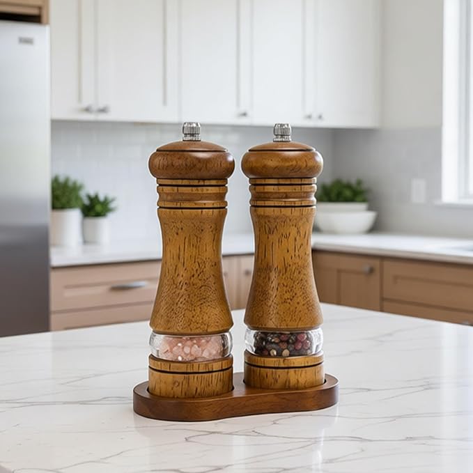 Wooden Salt and Pepper Grinder Set, Premium Oak Wood Salt Grinders Shakers, Pepper Mill with Acrylic Clear Window, Adjustable Ceramic Grinder (6″ - 2 Packs with Tray)