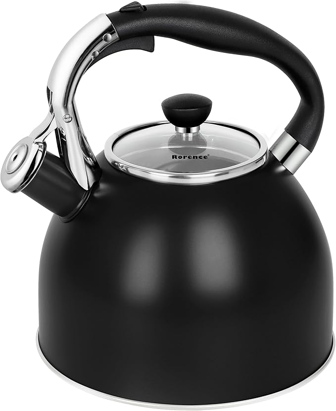 Rorence Stainless Steel Tea Kettle: 2.6 Quart Whistling Kettle for Stove Top with Capsule Bottom & Heat-resistant Glass Lid – Matte Black