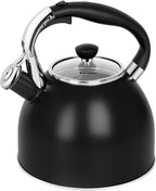Rorence Stainless Steel Tea Kettle: 2.6 Quart Whistling Kettle for Stove Top with Capsule Bottom & Heat-resistant Glass Lid – Matte Black