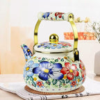 Blue Floral Enamel Tea Kettle Vintage Gold Beige Teapot Blue Floral Boho Hot Water Coffee Kettle Pot 2.5L Porcelain Tea Pot with Ceramic Handle for Stovetop Kitchen Home Decor