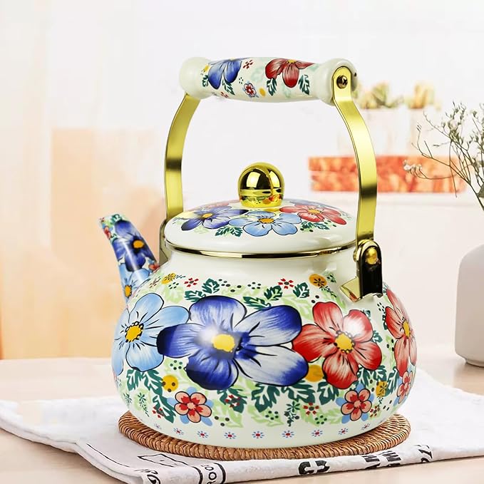 Blue Floral Enamel Tea Kettle Vintage Gold Beige Teapot Blue Floral Boho Hot Water Coffee Kettle Pot 2.5L Porcelain Tea Pot with Ceramic Handle for Stovetop Kitchen Home Decor
