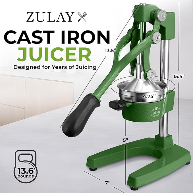 Zulay Kitchen Cast Iron Juicer - Easy-to-Clean Heavy-Duty Manual Juicer, Professional Citrus Juicer - Stainless Steel Lemon Squeezer - Manual Citrus Press & Orange Squeezer - Orange Juicer – Green