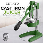 Zulay Kitchen Cast Iron Juicer - Easy-to-Clean Heavy-Duty Manual Juicer, Professional Citrus Juicer - Stainless Steel Lemon Squeezer - Manual Citrus Press & Orange Squeezer - Orange Juicer – Green