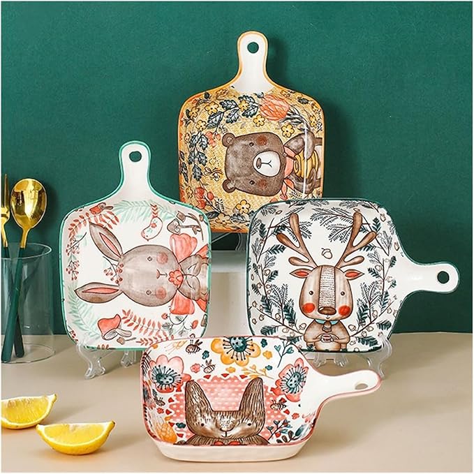 Ceramic Baking Pan, Forest Animals Pattern Tableware With Handle Salad Bowl Au Gratin Dish(Bear round)