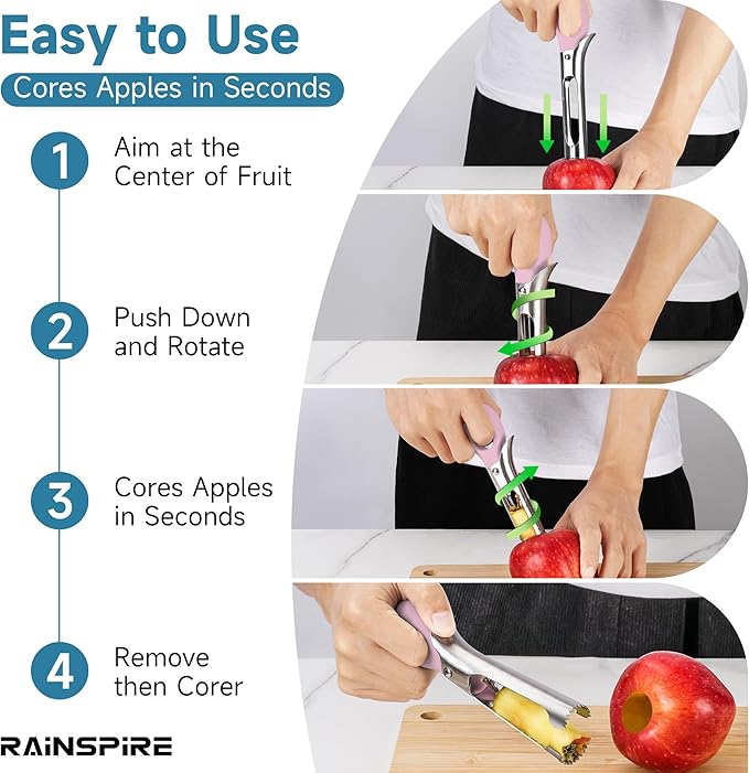 Rainspire Apple Corer Tool Kitchen Apple Core Remover Stainless Steel Comfortable Nonslip Handle, Dishwasher Safe (Pink)