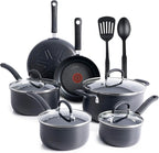T-fal Ultimate Hard Anodized Nonstick Cookware Set 12 Piece, Oven Broiler Safe 400F, Lid Safe 350F, Kitchen Cooking Set w/Fry Pans, Saucepans, Dutch Oven, Pots and Pans, Dishwasher Safe, Onyx