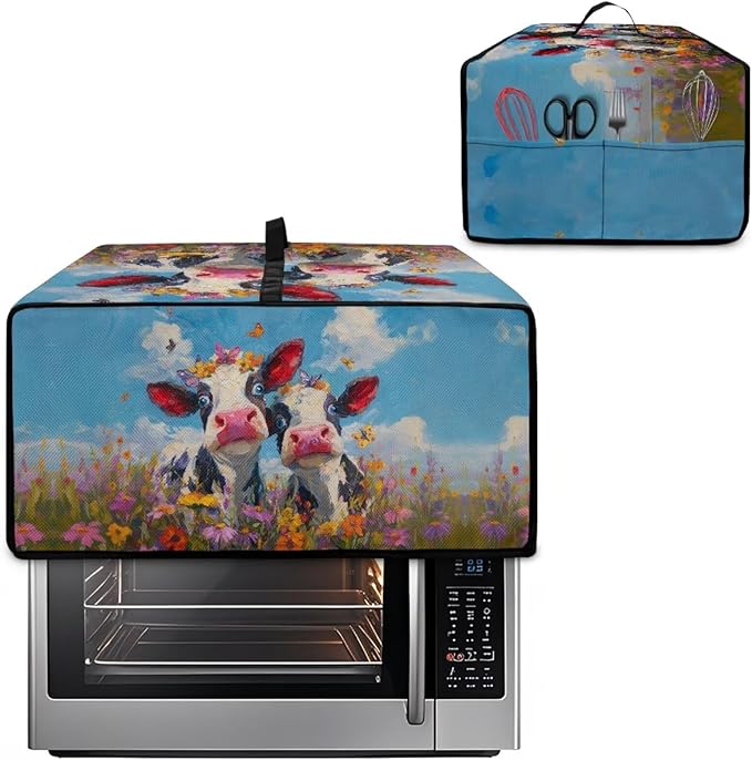 Cow Butterfly Flower Print Toaster Oven Cover, Dust-proof Heat-resistant Air Fryer Cover with Accessory Pockets, Kitchen Small Appliance Protector, (Small-14.5*18.46*9 inches)