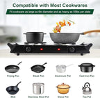 Electric Countertop Double Burner, 2000W Cooktop with Cast Iron Hot Plate & Stay Cool Handles, 5 Level Temperature Control, Easy to Clean, Indicator Lights, Cooking Stove for Office Home Camping RV