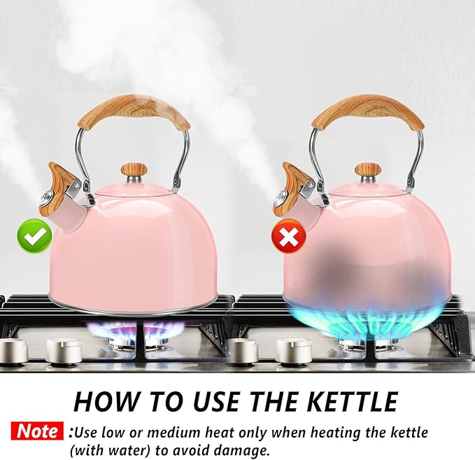 Tea Kettle,Whistling Tea Kettle Stovetop 2.6 Quart, Tea Pots for Stove Top Food Grade Stainless Steel,Wood Pattern Handle(Pink),With Anti Scald Towel