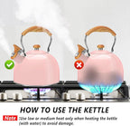 Tea Kettle,Whistling Tea Kettle Stovetop 2.6 Quart, Tea Pots for Stove Top Food Grade Stainless Steel,Wood Pattern Handle(Pink),With Anti Scald Towel