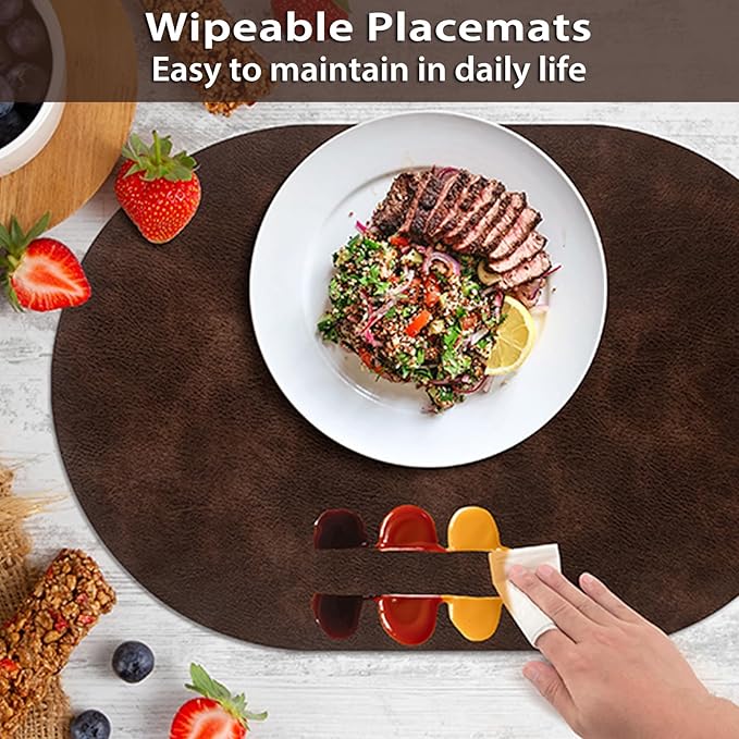 ADRIMER Placemats, Heat Resistant Oval Placemats Set of 8 Washable 12 x 17 Inch, Waterproof Table Mats, Wipeable Pu Place Mats for Kitchen, Dining Room, Coffee