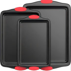 3PCS Carbon Steel Non-Stick Baking Pan | Commercial Restaurant Grade, Double-Sided Non-Stick Coating, Luxurious & Stylish Design with Red Silicone Handle - Oven Safe Kitchen Bakeware
