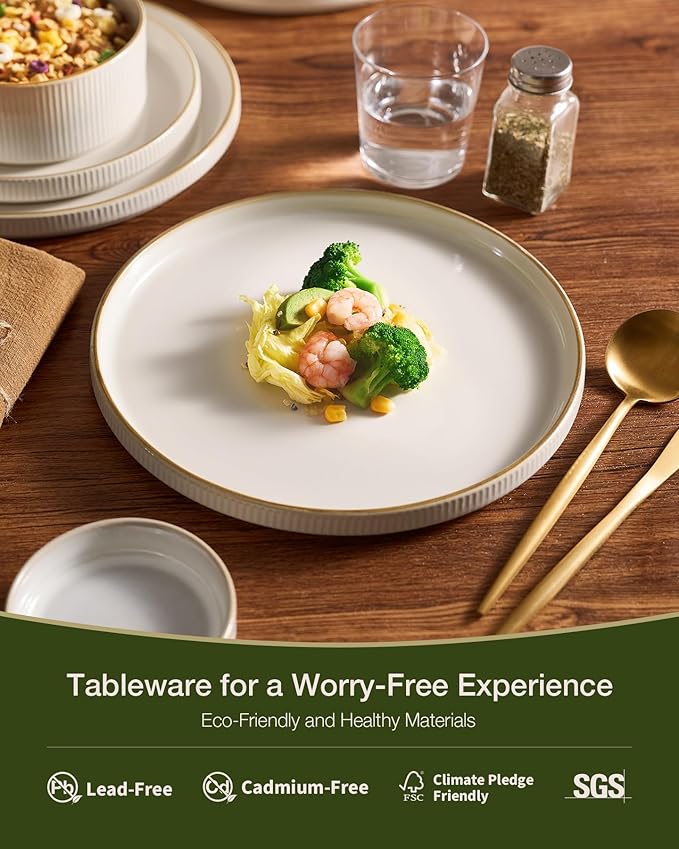 Famiware Star 24-Piece Stoneware Dinnerware Set with Trim, Service for 6 - Shallow Pasta Bowls & Flat Plates, Dishes for Everyday & Formal Use, Chip/Scratch Resistant, Microwave/Dishwasher Safe, White