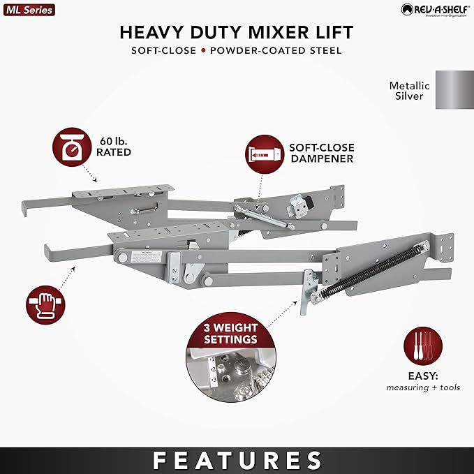 Rev-A-Shelf Kitchen Cabinet Spring Loaded Mixer and Appliance Lift Assist Mechanism for Small Kitchen Appliances w/Soft Close, Zinc, RAS-ML-HDSC