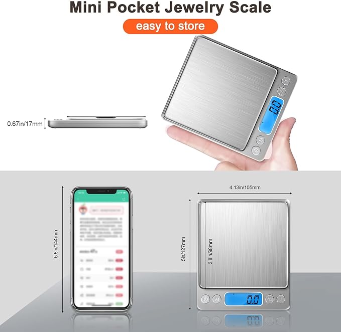 Small Digital Food Scale Ounce/OZ and Gram Scale, Kitchen Scale 3000g/0.1g High Precision for Baking, Soap Making, Jewelry, Includes 2 Trays and Batteries, 9 Units, Tare Function, Easy to Store