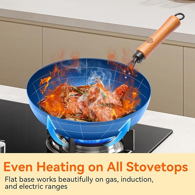 WANGYUANJI 11" Iron Skillet with Glass Lid & Griddle Spatula, Flat-Bottom Frying Pan, Uncoated & Unseasoned, Induction/Gas/Electric Compatible, Wooden Handle (Seasoning Required)