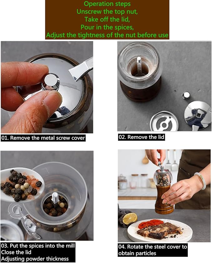 Pepper Grinder, Classical Roast Black Manual Pepper Grinder Set, Hand Shake Sea Salt Mill, Retro Style Wood， Acrylic，Ceramic Blades, Enjoy Fresh Pepper Spices (Walnut color 2pcs-6in)