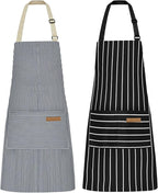 NLUS 2 Pcs Kitchen Cooking Aprons, Poly/Cotton Blend Adjustable Soft Bib Stripe Aprons with 2 Pockets for Women Men Chef (Blue Pinstripes/Black Stripes)