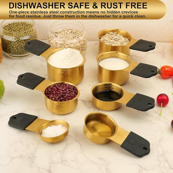 Gold Magnetic Measuring Cups & Spoons Set of 16, 7 Stainless Steel Measuring Cups, 8 Double-Sided Measuring Spoons & 1 Leveler, Premium Finish Baking Tools Kitchen Gadget for Dry & Liquid Ingredients