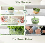 Large 5.2 Qt Glass Salad Spinner Vegetable Dryer with Drain Microwave Safe Dishwasher Safe with Transparent Lid Crank Handle Quick Spin Greens Washer for Lettuce Herbs Fruits (off-white)