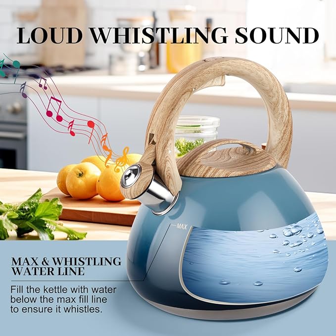 MARSKITOP Tea Kettle Stovetop Whistling Tea Pots for Stove Top Food Grade Stainless Steel Teapot for Induction Cooktop, 2.6 Quart, Blue