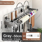 Hanging Wall Mount knife Wall Mount, Kitchen Organizer Storage Shelf for Utensils Spatula Spoon, Space-Saving Knife Rack with Hooks,Wall-Mounted Utensil Holder (Black, 50CM+Three Poles+8Hooks)