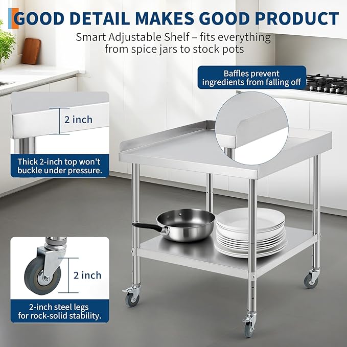 36x30x30 in Stainless Steel Equipment Grill Stand Table NSF Certified with 5 in Wheels, 400 LBS Capacity, 2 in Edge Baffle, for Hotel, Home, Commercial Restaurant Kitchen