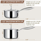 EWFEN 3 Ply Stainless Steel Sauce Pan Set with Lids, 1 & 2 Quart Multipurpose Cooking Pot, Stay-Cool Handle, Induction Oven Dishwasher Safe, 1QT & 2QT