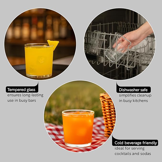 Restaurantware Sumi 12.5 Ounce Double Old Fashioned Glasses Set of 12 Lead-Free Scotch Glasses - Tempered Dishwasher-Safe Glassware Clear Glass Whiskey Glasses Serve Cocktails and Liquors