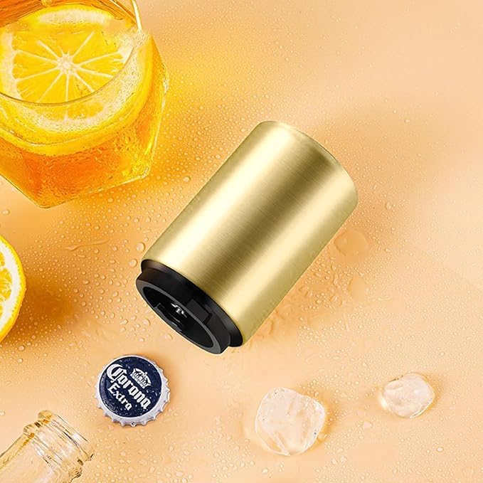 Automatic Beer Bottle Opener with Magnetic Cap, Stainless Steel One-Handed Lid Opening Spring Loaded Push&Pop Bottle Opener for Home Bars Picnic Camping Hiking（2PCS）