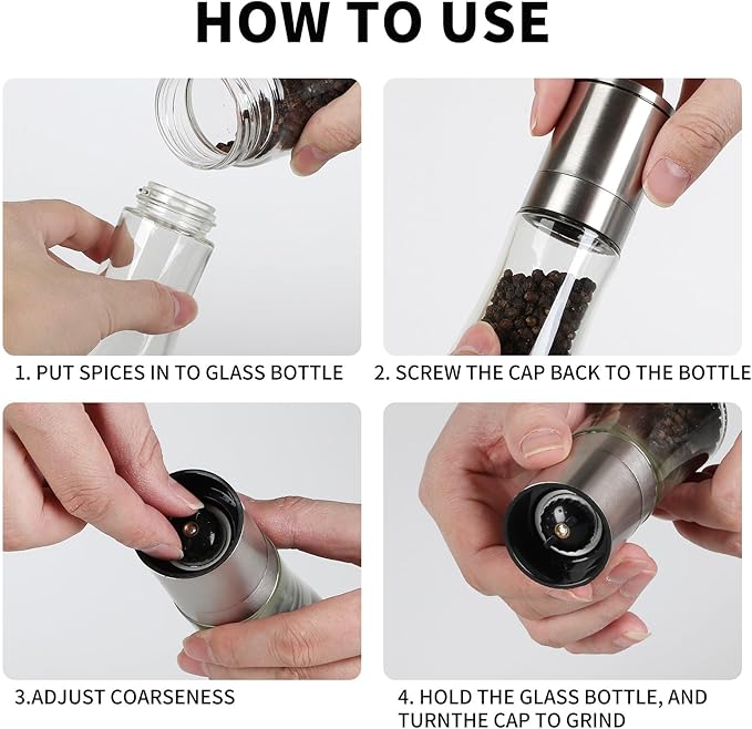 Original Stainless Steel Pepper Grinder or Salt Mill 1pk - Coarseness Adjustable Sea Salt Grinder or Pepper Mill Grinder - Small Manual Salt Pepper Shakers with Glass Container