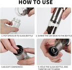 Salt and Pepper Grinder Set of 2 - Adjustable Sea Salt Grinder, Pepper Mill Grinder, Salt and Pepper Shakers - Small Salt and Pepper Grinder Set with Stainless Steel Cap and Glass Container