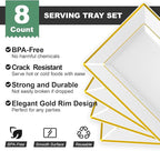 FOCUSLINE 8 PCS Plastic Serving Trays, White and Gold Rim Plastic Serving Platters, Disposable Tray for Food, Perfect for Wedding Parties