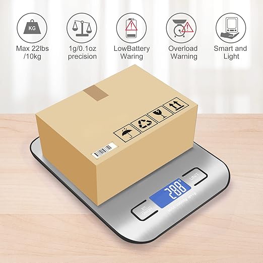 Digital Shipping Scale,Stainless Steel Panel, Accurate Portable Postal Scale for Packages, Small Business,Kitchen, Food, Handmade, Liquids, and Boutique (Silver Black Rechargeable(10kg/1g))