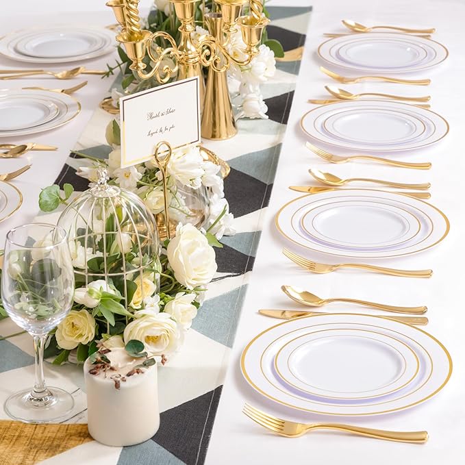 NOCCUR 200PCS Gold Plastic Plates - 100 Dinner / 100 Dessert Disposable Plates Heavy Duty - Ideal for Wedding/Party/Christmas