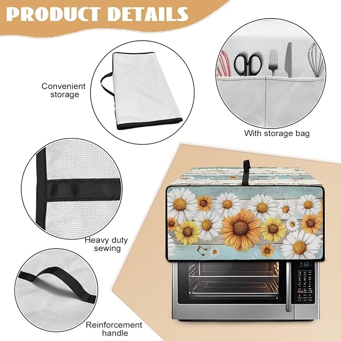 Wooden Board Daisy Print Toaster Oven Dust-proof Cover for Kitchen Small Appliance Fingerprint Protection Decorative Countertop Oven Protector (Large-18.5 * 22.5 * 12.99 inches)