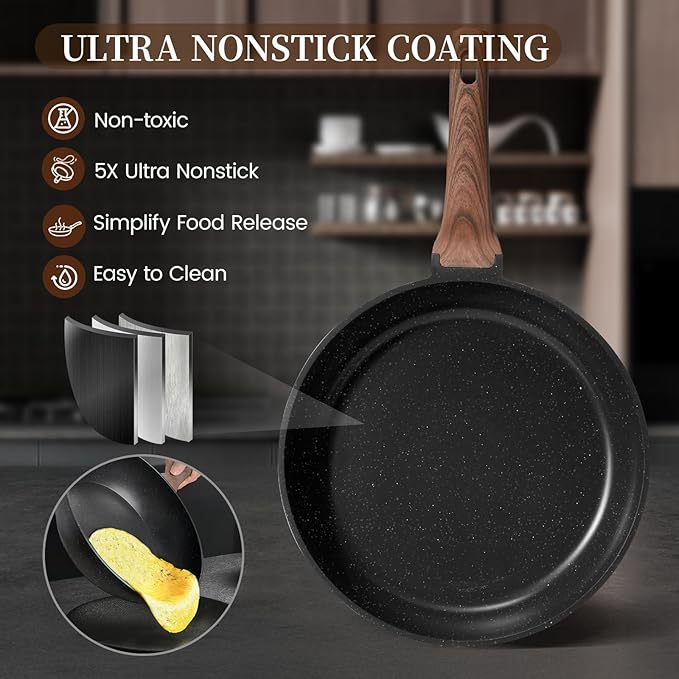 Kikcoin 16Pcs Ceramic Pots and Pans Set Non Stick, Includes a 9.5" Grill Pan, Induction Kitchen Cookware Sets, Black Nonstick RV Kitchen Camping Cooking Sets Stackable (PTFE, PFOS, PFOA Free)