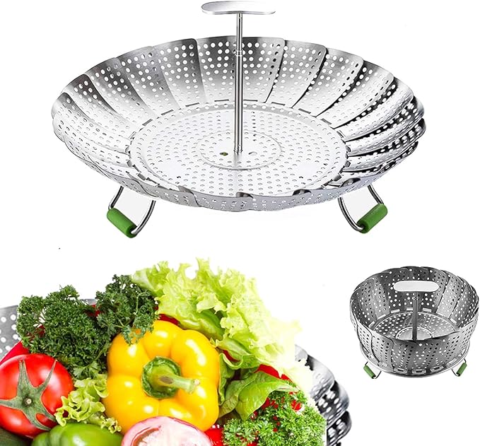 Steamer Basket Stainless Steel Veggie Steamer Basket for Cooking Folding Food Steamer Insert Steaming Basket Adjustable Expandable to fit Various Size Pot (5.1" to 9")