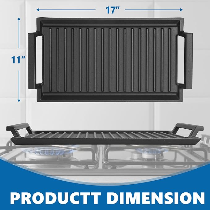SafBbcue Cast Iron Pot, Griddle Pan Hot Plate Ridged Surface, Pre-Seasoned, Grill for Stovetop, Oven, Grill & Campfire, Suitable for Outdoor Cooking Kitchen and Patio Backyard, 17 x 11in