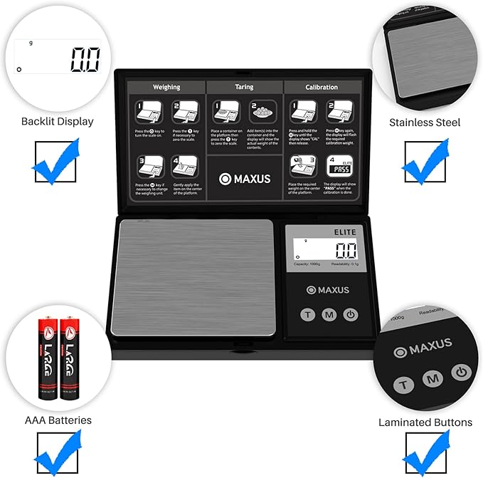 MAXUS Digital Gram Scale 1000g/0.1g, Small Food Scale with Backlit LCD, Mini Pocket Scale for Jewelry
