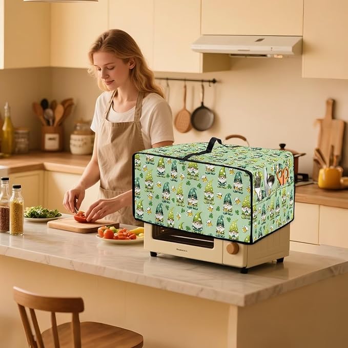 St. Patrick's Day Gnome Print Toaster Oven Cover, Clover Beer Pattern Anti Scratch Microwave Cover for Kitchen Countertop Appliance Dust Protector Decorative Oven Accessories, Green, L