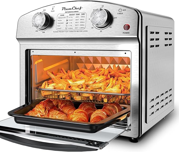 PlumChef 13 Quart 4 Slices Air Fryer Convection Toaster Oven, 1500W, Multifunction Oven with Reference Menus on Panel, Time and Temperature Controls(Stainless Steel)