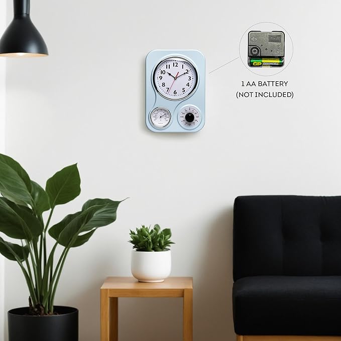 Lily's Home - 9.5 Inch x 12.5 Inch - Retro Kitchen Wall Clock, Vintage Wall Clock with a Thermometer and 60-Minute Timer, Ideal for Any Kitchen, Office, or Diner (Light Blue)