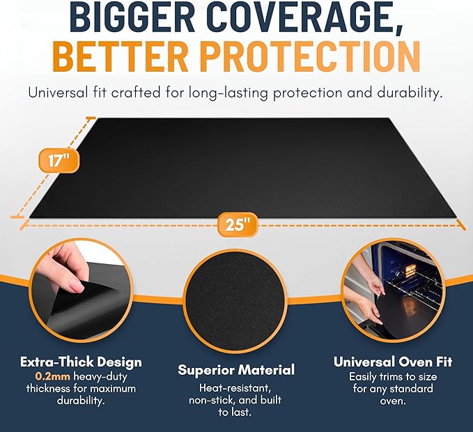 Oven Liners for Bottom of Oven - 2 Pack Large Heavy Duty Mats, 17”x25” Non-Stick Reusable Liner for Electric, Gas, Toaster Ovens, Grills - BPA & PFOA Free Kitchen Accessory to Keep Oven Clean (Black)