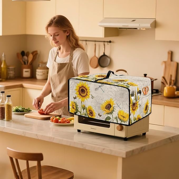 Sunflower Butterfly Dragonfly Print Toaster Oven Dust-proof Cover, Fingerprint Prevention & Greasy Protection Washable Universal Small Appliance Covers (Large-18.5 * 22.5 * 12.99 inches)