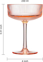 Khen Shatterproof Acrylic Ribbed Vintage Art Deco Martini, Champagne & Cocktail Coral Peach Pink Plastic Coupe Glasses | Set of 2 | 8 oz Ripple Glassware Indoor & Outdoor Gift