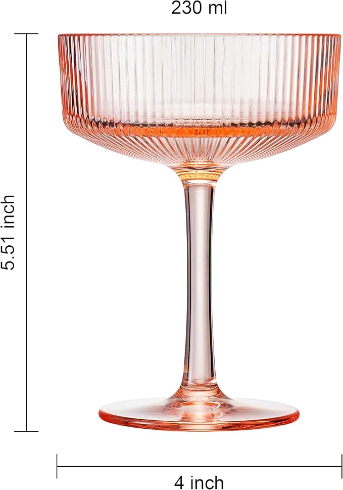Khen Shatterproof Acrylic Ribbed Vintage Art Deco Martini, Champagne & Cocktail Coral Peach Pink Plastic Coupe Glasses | Set of 2 | 8 oz Ripple Glassware Indoor & Outdoor Gift