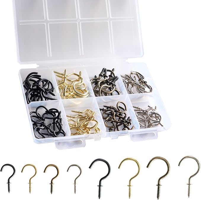 88Pcs Cup Hooks Kit in 4 Colors and 2 Sizes, 1-1/4in & 7/8in Screw-in Metal Mug Hooks for Hanging Décors, Cups, Plants and String Lights on Wood Wall and Ceiling