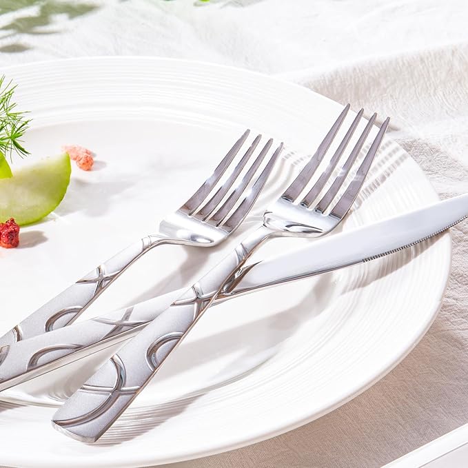 HIKAA 36PCS Stainless Steel Silverware Set with Steak Knives, Modern Flatware Set for Kitchen, Mirror Polished Cutlery Set with Forks, Spoons and Knives，Dishwasher Safe